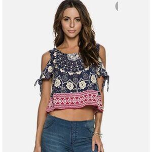 O'Neill Womens Boho lianne shirt Top Size xl navy cropped cold shoulder new $56